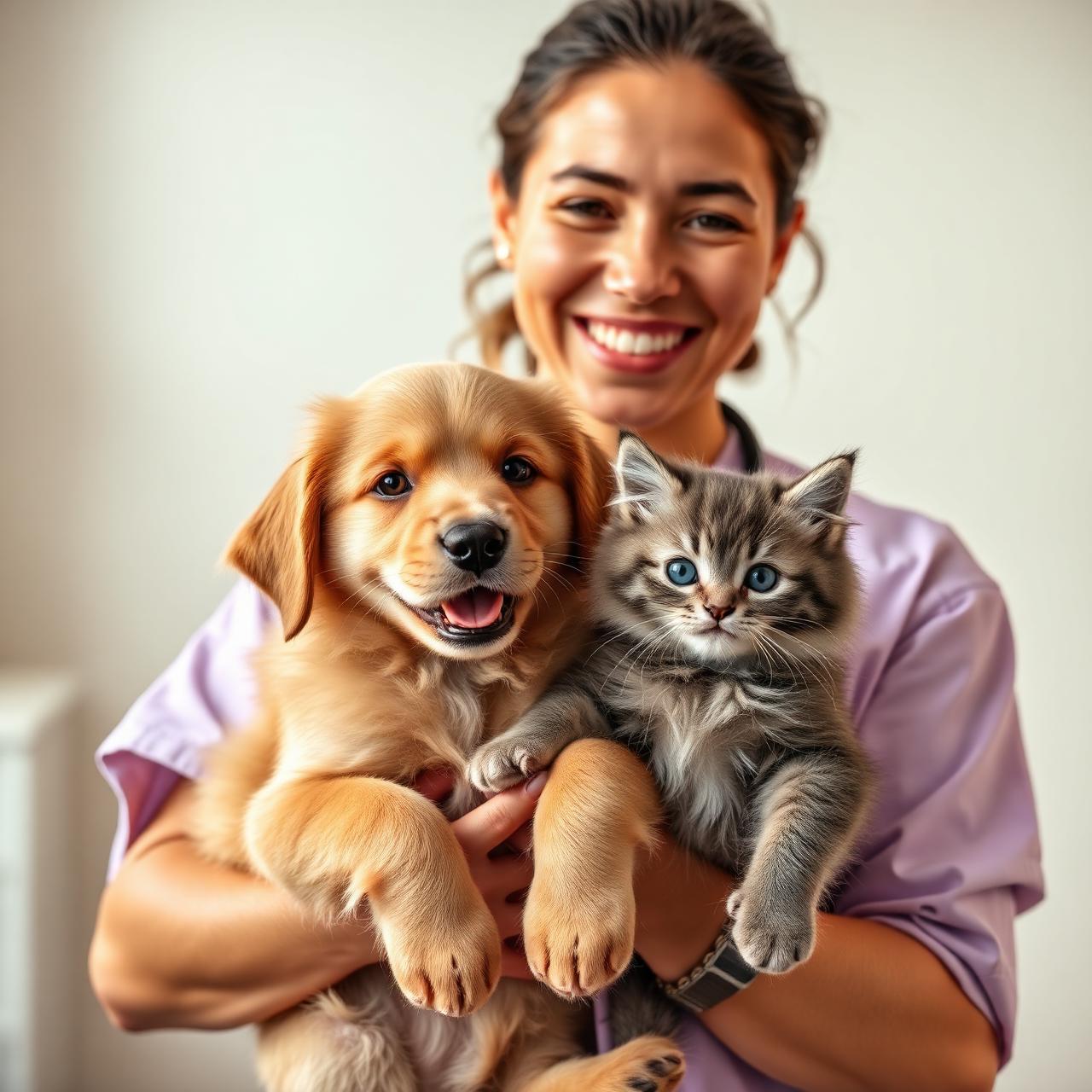 Veterinária sorrindo segurando um cachorro e um gato